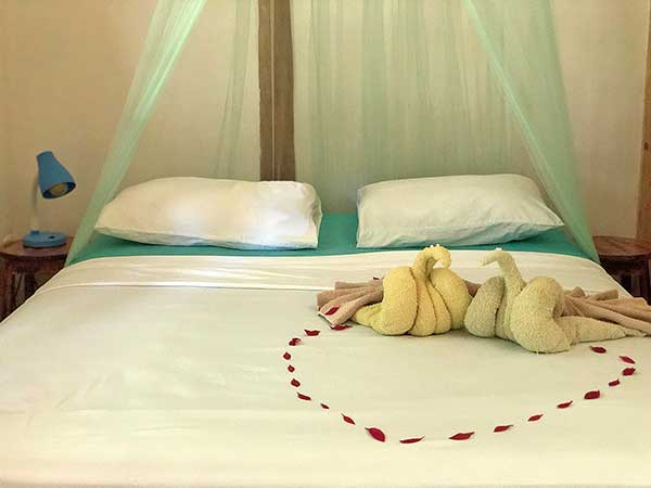 Swan towels, flower petal heart for honeymooners at Cascada Verde, hostel by the waterfall in Uvita, Costa Rica