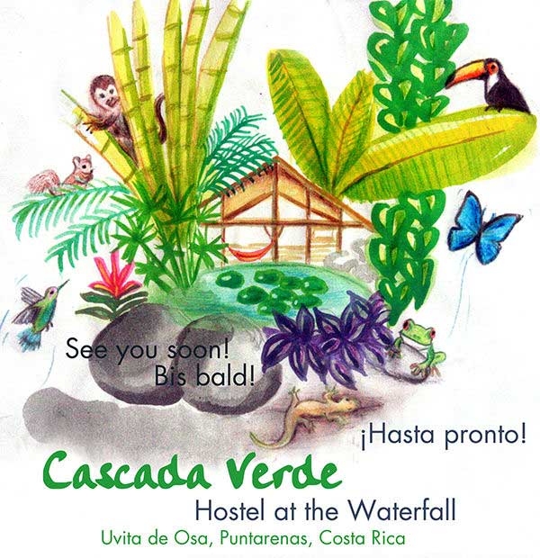 Colorful drawing flyer. Welcome to Cascada Verde, family hostel by the waterfall in Uvita, Costa Rica